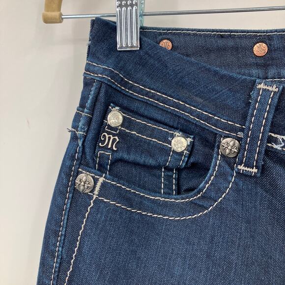 Miss Me Dark Blue Wash Easy Boot Sequin Stretch Flap Pockets Bootcut Jeans Pants - Picture 9 of 11